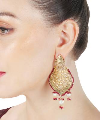 Red antique meenakari and kundan work dangler earrings 4