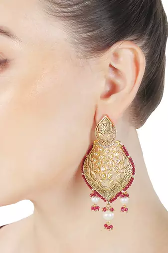 Red antique meenakari and kundan work dangler earrings