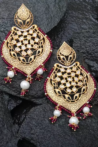 Red antique meenakari and kundan work dangler earrings