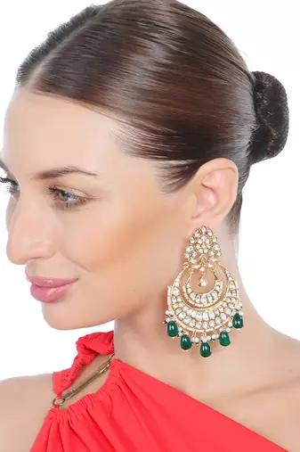 Green kundan and polki chaandbaali earrings