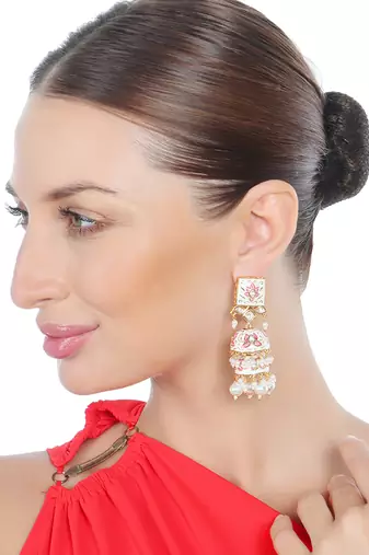 Ivory and pink meenakari kundan jhumkas