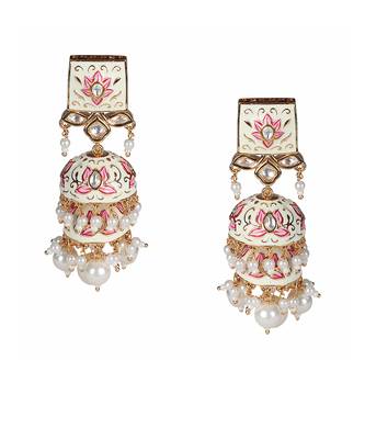 Ivory and pink meenakari kundan jhumkas 3