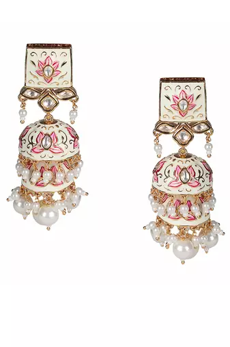 Ivory and pink meenakari kundan jhumkas