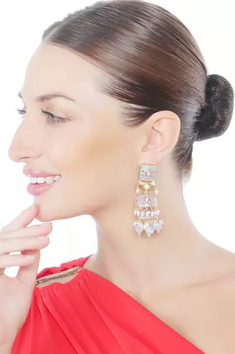 Grey and pink meenakari kundan jhumkas