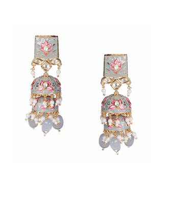Grey and pink meenakari kundan jhumkas 3