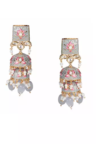 Grey and pink meenakari kundan jhumkas