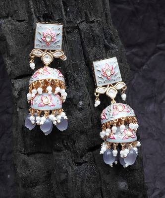 Grey and pink meenakari kundan jhumkas 4
