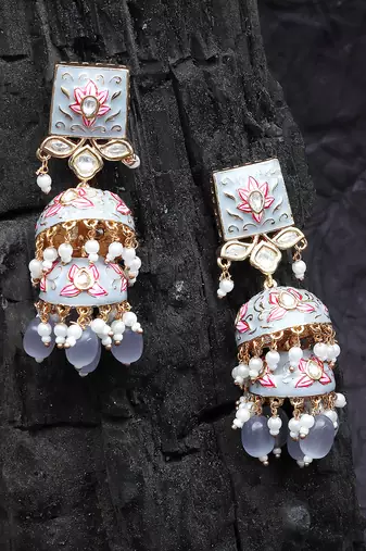 Grey and pink meenakari kundan jhumkas