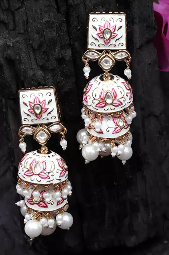 Ivory and pink meenakari kundan jhumkas