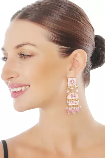 Pink meenakari kundan jhumkas