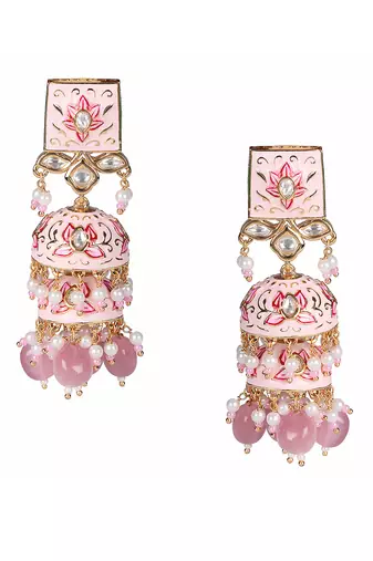 Pink meenakari kundan jhumkas
