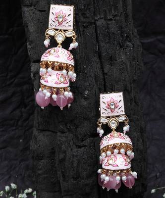 Pink meenakari kundan jhumkas 5