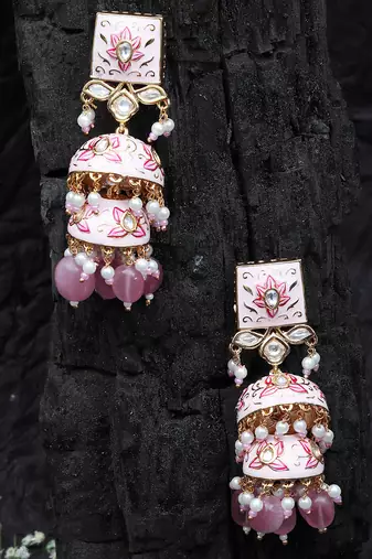 Pink meenakari kundan jhumkas