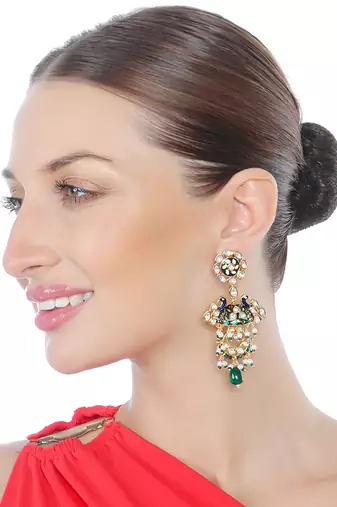 Green & blue kundan dangler earrings