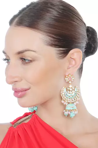 Mint & pink kundan dangler earrings