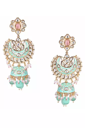 Mint & pink kundan dangler earrings