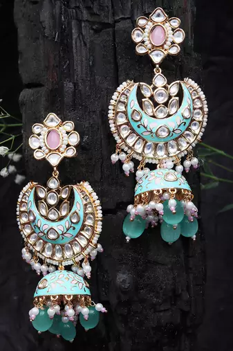 Mint & pink kundan dangler earrings