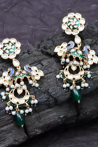 Green & blue kundan dangler earrings