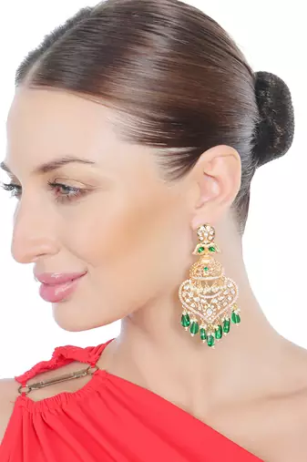 Green kundan and polki dangler earrings