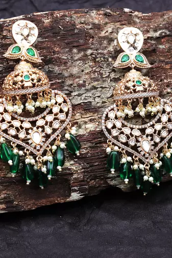 Green kundan and polki dangler earrings