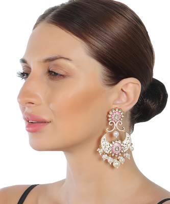Pink & white kundan chaandbaali earrings 1
