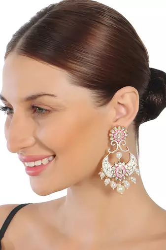 Pink & white kundan chaandbaali earrings