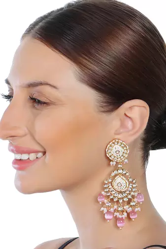 Pink & white kundan dangler earrings