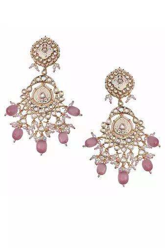Pink & white kundan dangler earrings