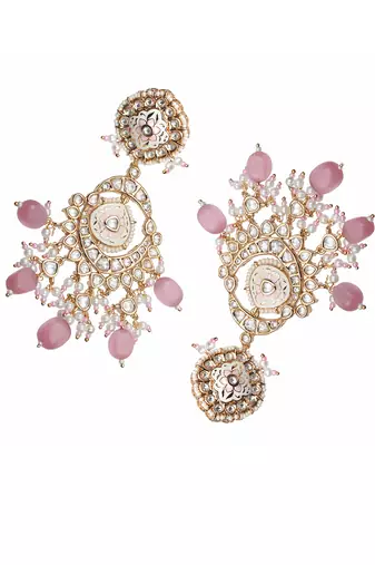 Pink & white kundan dangler earrings