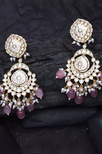 Pink & white kundan dangler earrings