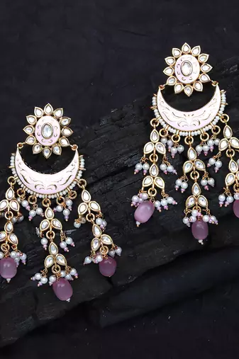 Pink kundan chaandbaali earrings