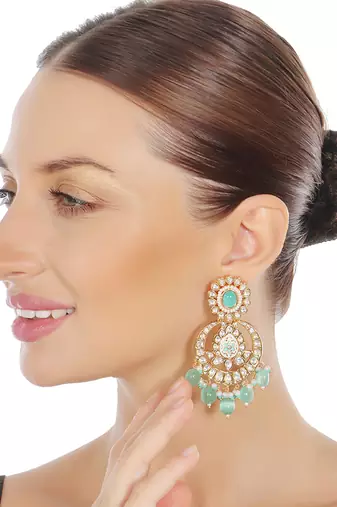 Mint meenakari kundan chaandbaali earrings