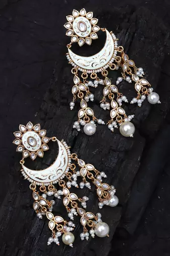 White meenakari kundan chaandbaali earrings