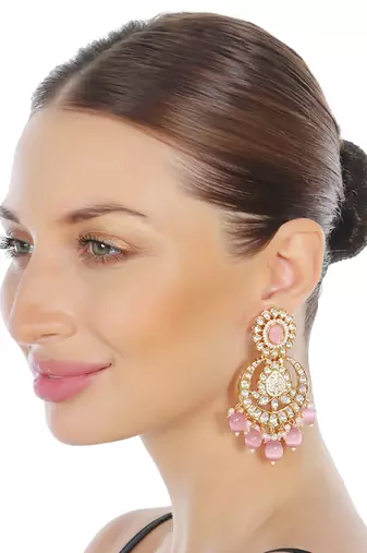 Pink oval kundan chaandbaali earrings