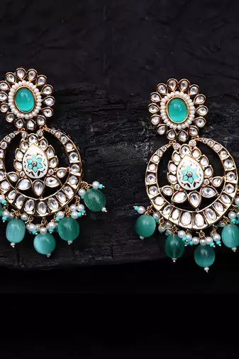Mint meenakari kundan chaandbaali earrings