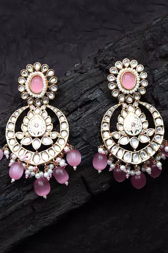 Pink oval kundan chaandbaali earrings