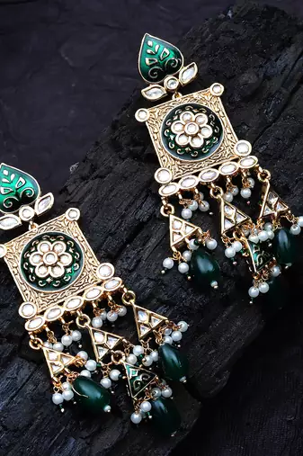 Green kundan dangler earrings