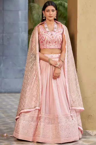 pink thread embroidered georgette wedding lehenga set choli with dupatta