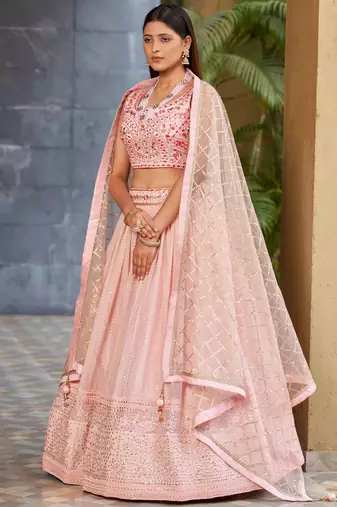 pink thread embroidered georgette wedding lehenga set choli with dupatta