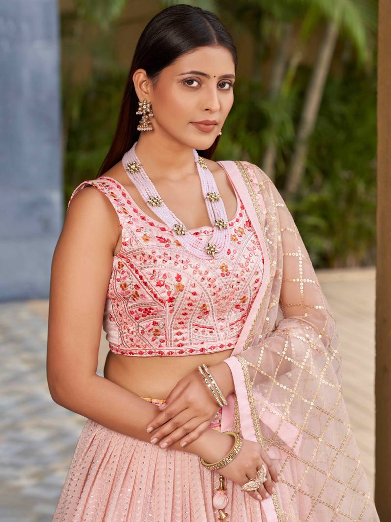 Beautiful Pink Thread Embroidered Georgette Wedding Lehenga Choli