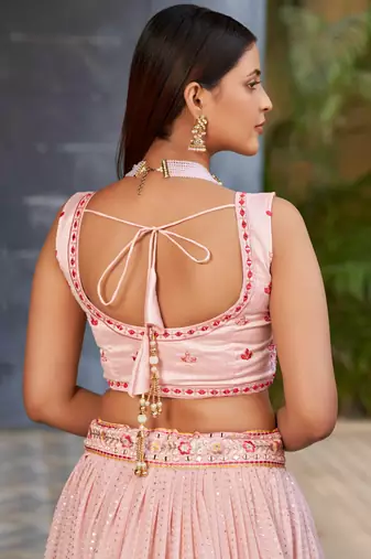 pink thread embroidered georgette wedding lehenga set choli with dupatta