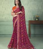 Rani Pink Floral Print Chiffon Saree And Blouse Piece