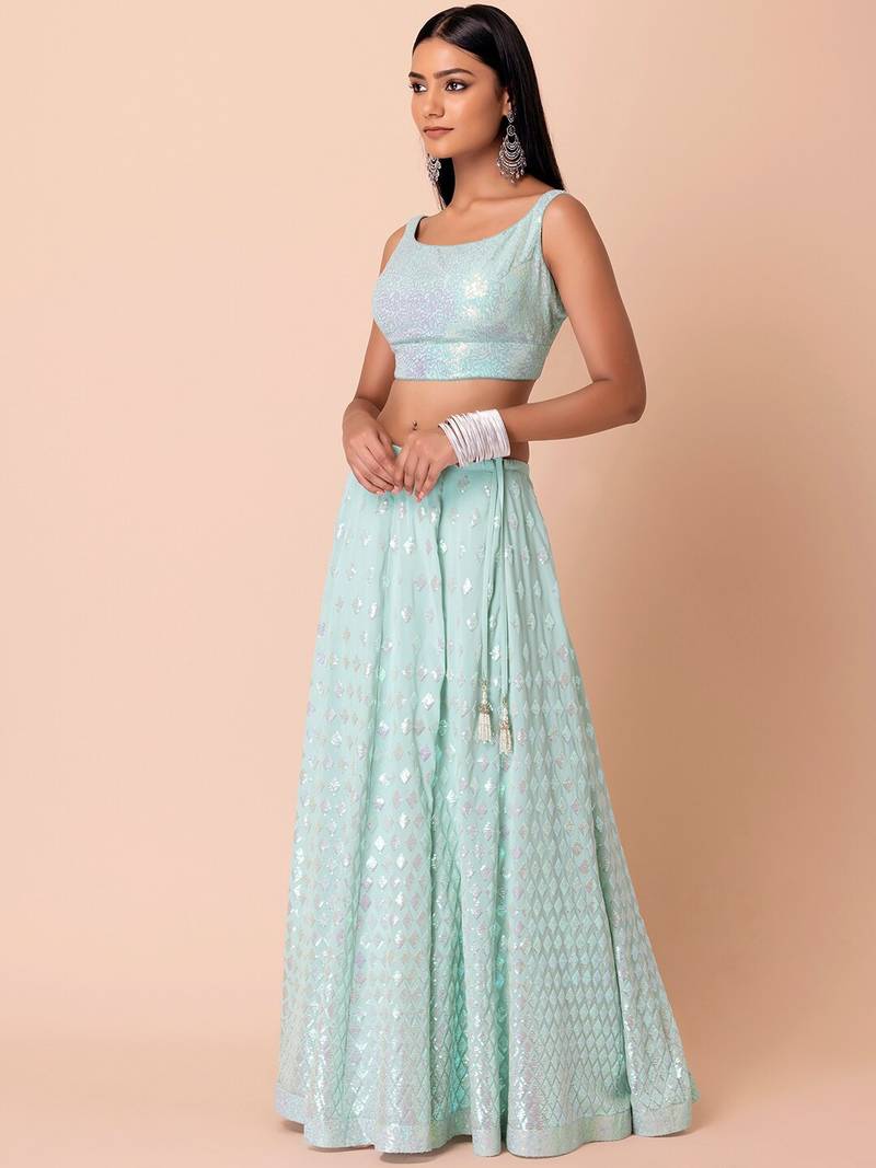 Fabulous Sky-Blue Embroidered Georgette Reception Wear Lehenga Choli