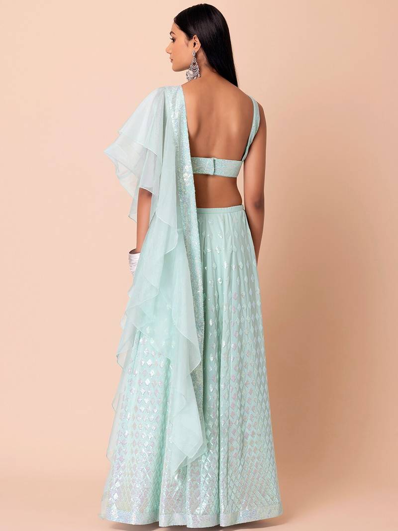 Fabulous Sky-Blue Embroidered Georgette Reception Wear Lehenga Choli