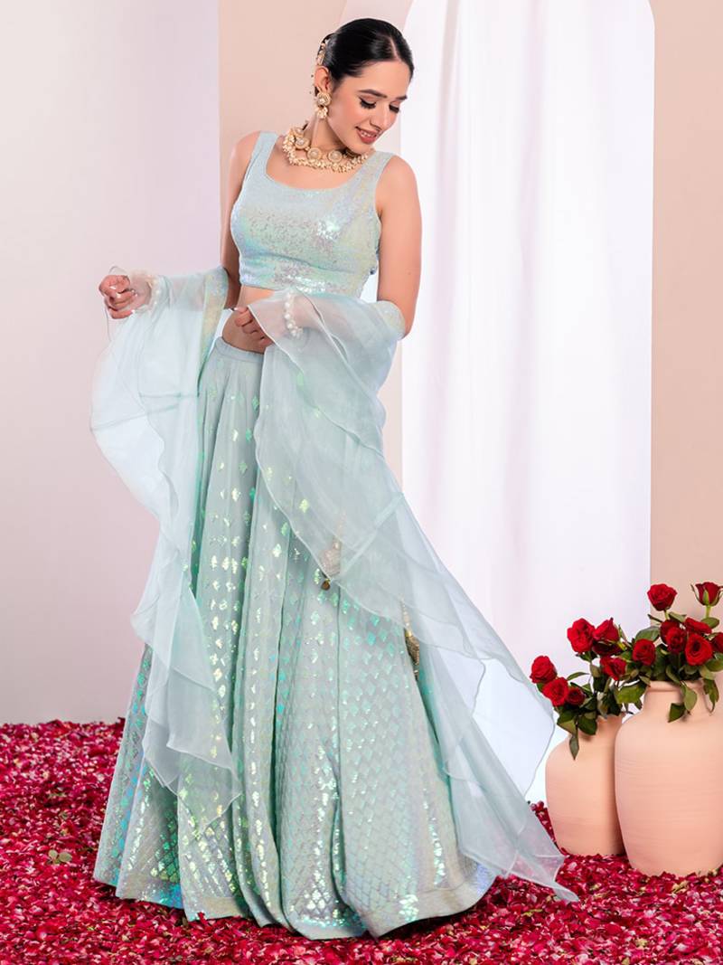 Fabulous Sky-Blue Embroidered Georgette Reception Wear Lehenga Choli