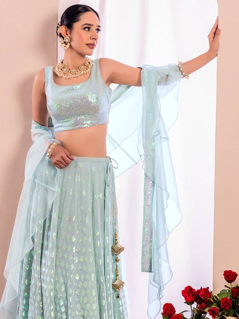 Fabulous Sky-Blue Embroidered Georgette Reception Wear Lehenga Choli