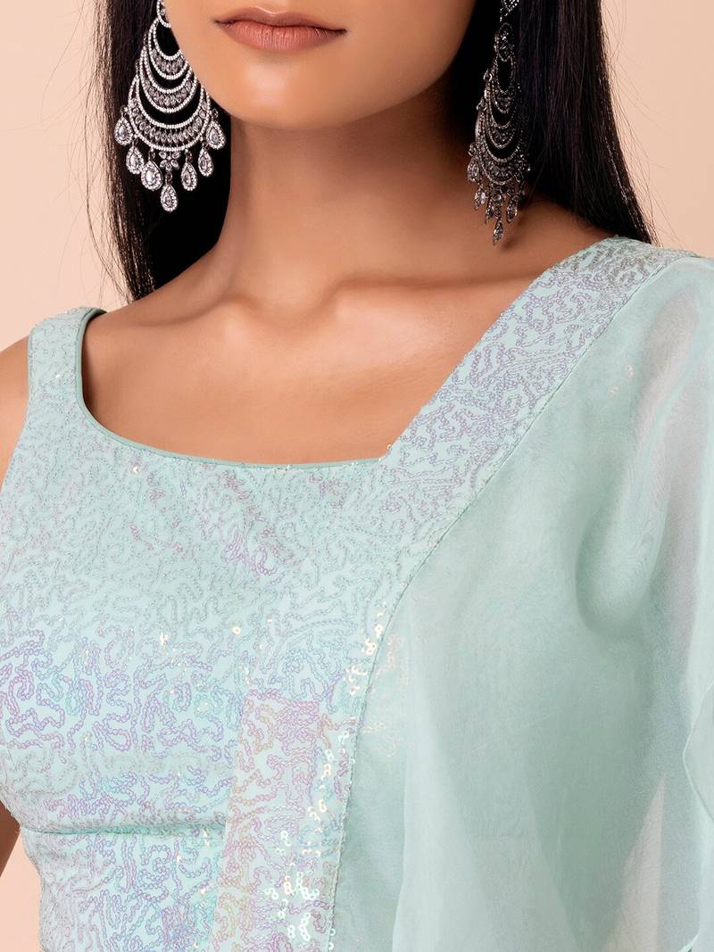 Fabulous Sky-Blue Embroidered Georgette Reception Wear Lehenga Choli