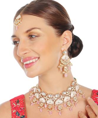 Pink and white meenakari kundan choker set 1