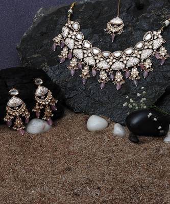 Pink and white meenakari kundan choker set 2