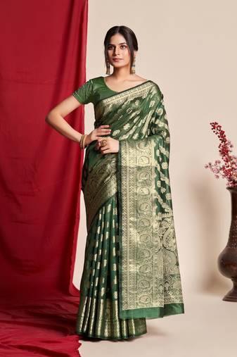 Bottle Green Organza Faux Kanjeevaram Woven Saree Without Blouse